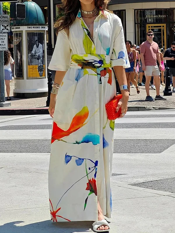 Half Sleeves Loose Asymmetric Printed Split-Joint Tied Waist Lapel Maxi Dresses Shirt Dress - Image 3