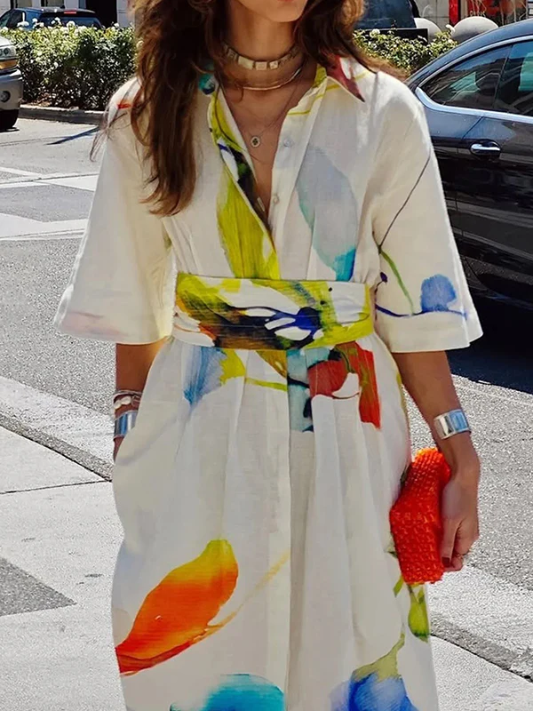 Half Sleeves Loose Asymmetric Printed Split-Joint Tied Waist Lapel Maxi Dresses Shirt Dress - Image 4