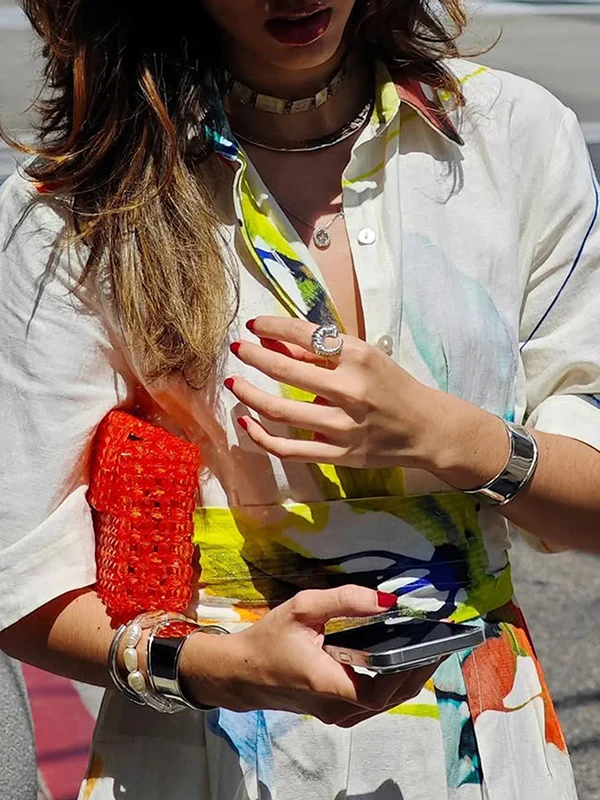 Half Sleeves Loose Asymmetric Printed Split-Joint Tied Waist Lapel Maxi Dresses Shirt Dress - Image 5