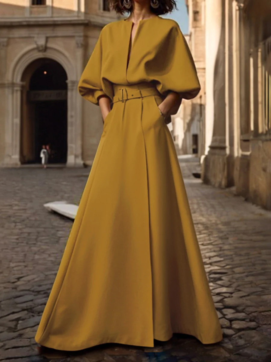 Half Sleeves Loose Belted Solid Color Deep V-Neck Maxi Dresses - Image 2