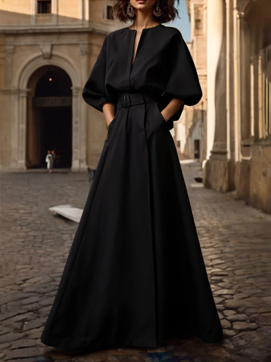 Half Sleeves Loose Belted Solid Color Deep V-Neck Maxi Dresses - Image 3