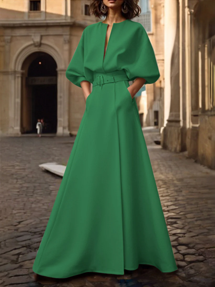 Half Sleeves Loose Belted Solid Color Deep V-Neck Maxi Dresses - Image 4