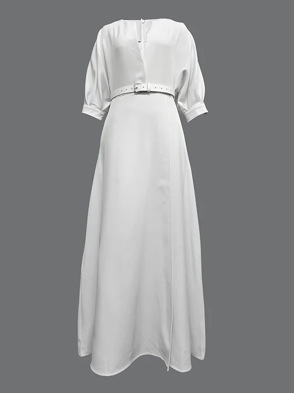 Half Sleeves Loose Belted Solid Color Deep V-Neck Maxi Dresses - Image 5