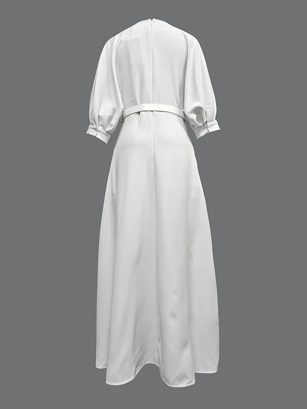 Half Sleeves Loose Belted Solid Color Deep V-Neck Maxi Dresses - Image 6