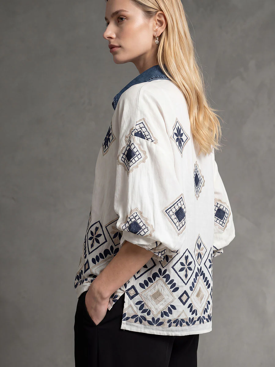 Half Sleeves Loose Buttoned Contrast Color Embroidered Leaves Print Lapel Blouses&Shirts Tops - Image 2