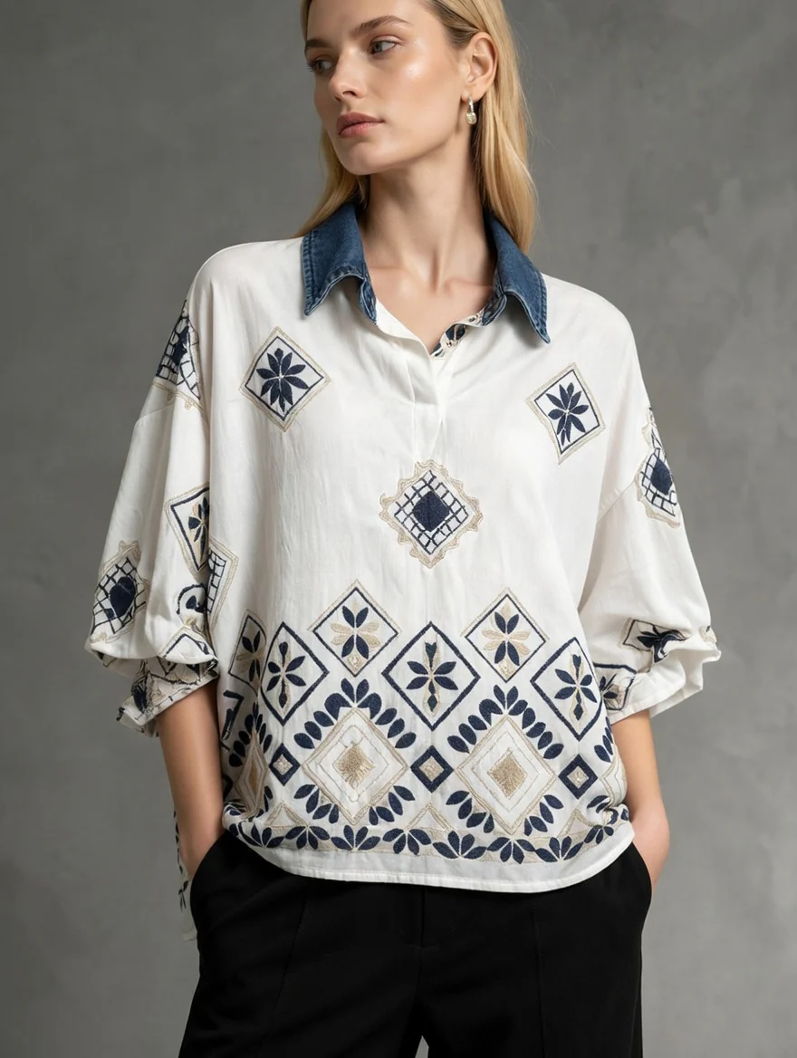 Half Sleeves Loose Buttoned Contrast Color Embroidered Leaves Print Lapel Blouses&Shirts Tops - Image 3