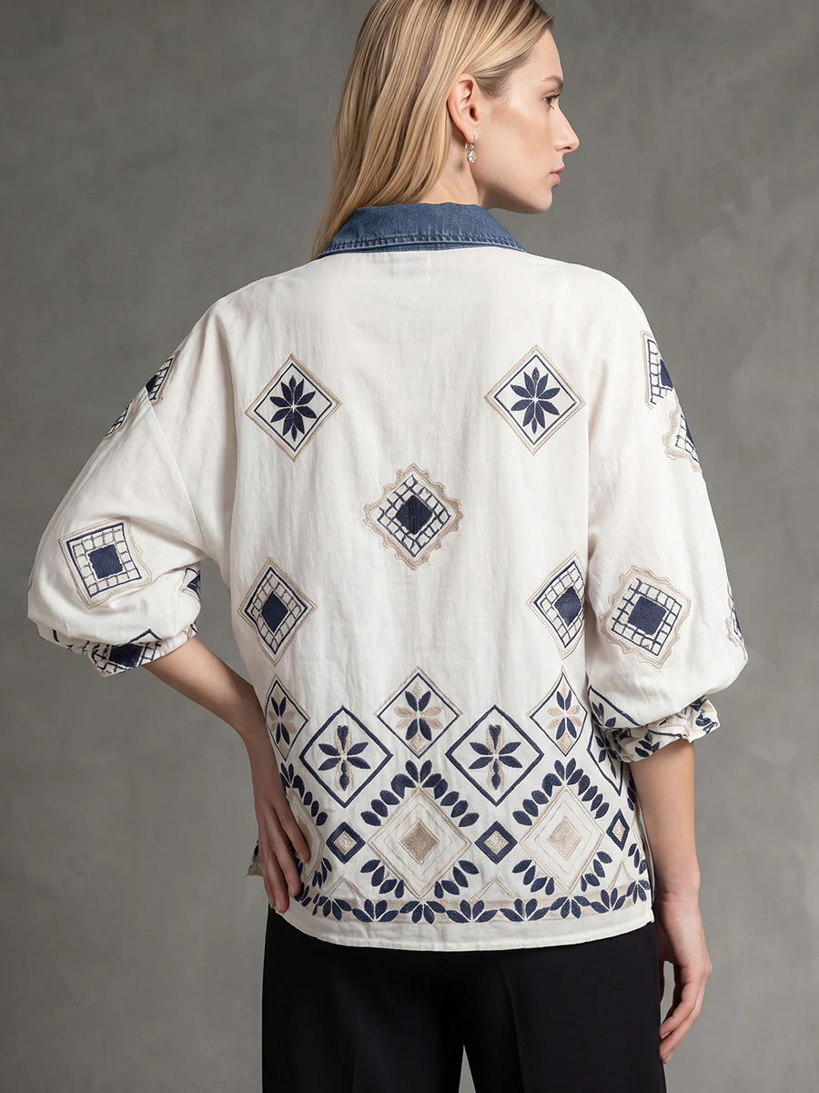 Half Sleeves Loose Buttoned Contrast Color Embroidered Leaves Print Lapel Blouses&Shirts Tops - Image 4