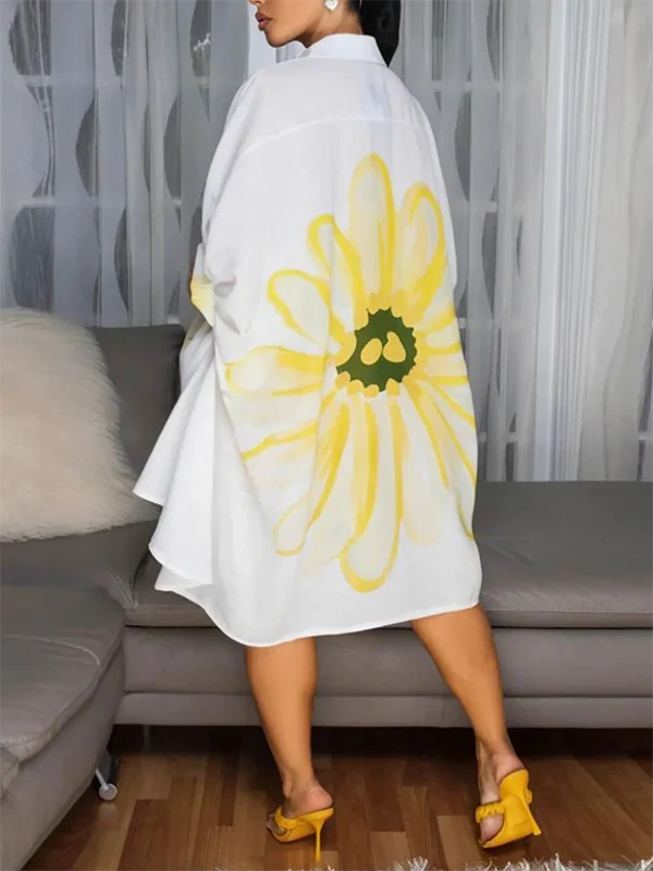Half Sleeves Loose Buttoned Flower Print Lapel Mini Dresses Shirt Dress - Image 10