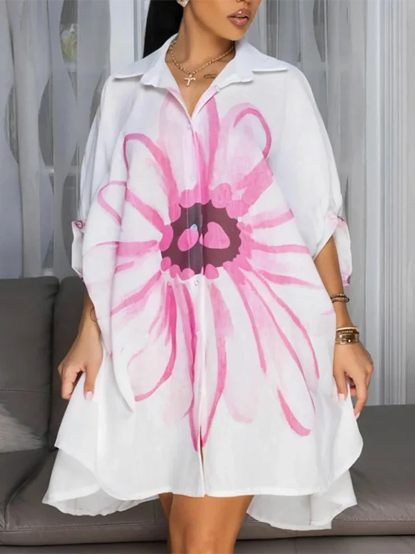 Half Sleeves Loose Buttoned Flower Print Lapel Mini Dresses Shirt Dress - Image 3