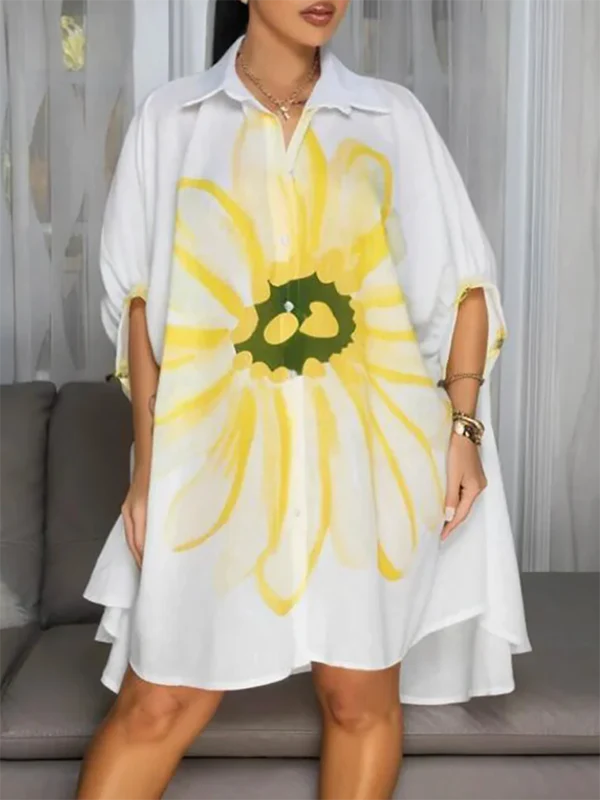Half Sleeves Loose Buttoned Flower Print Lapel Mini Dresses Shirt Dress - Image 4