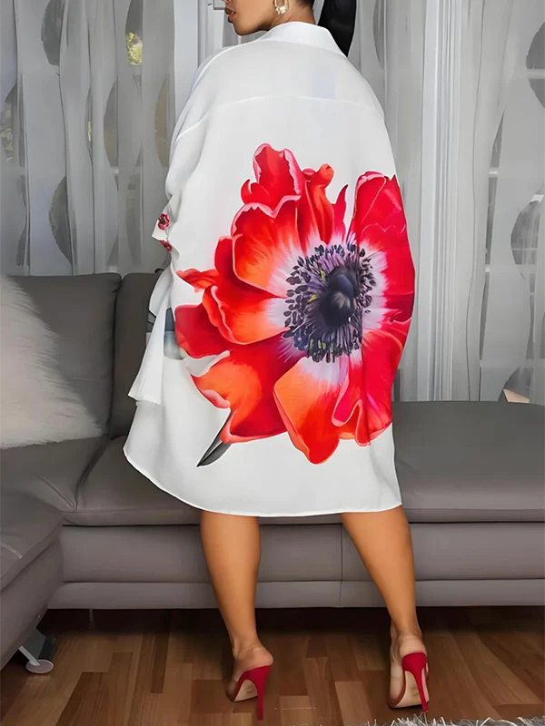 Half Sleeves Loose Buttoned Flower Print Lapel Mini Dresses Shirt Dress - Image 7