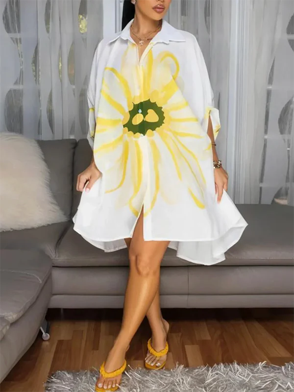 Half Sleeves Loose Buttoned Flower Print Lapel Mini Dresses Shirt Dress - Image 9