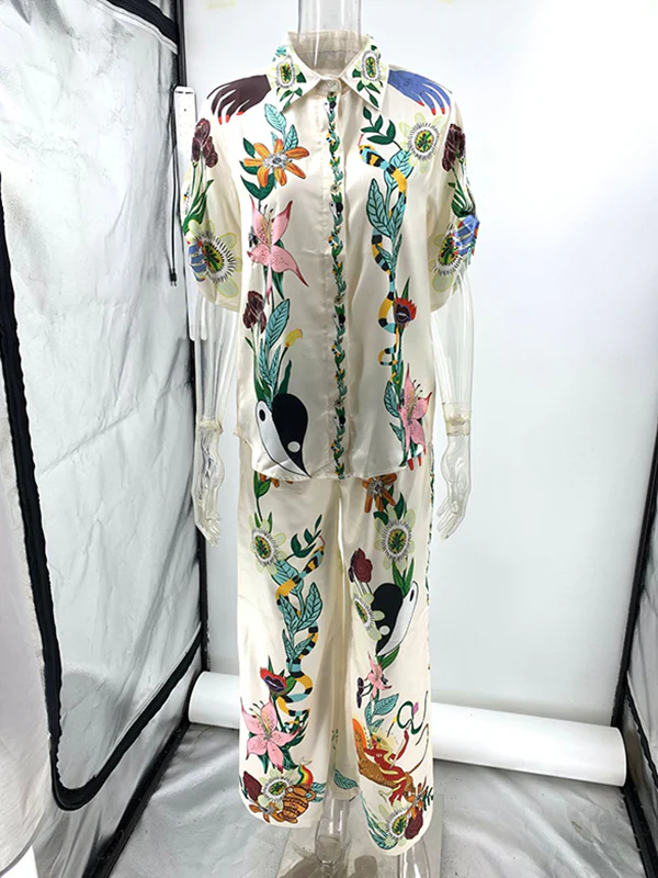 Half Sleeves Loose Buttoned Flower Print Pockets Lapel T-Shirt Top + Drawstring Elasticity Pants Bottom Two Pieces Set - Image 10