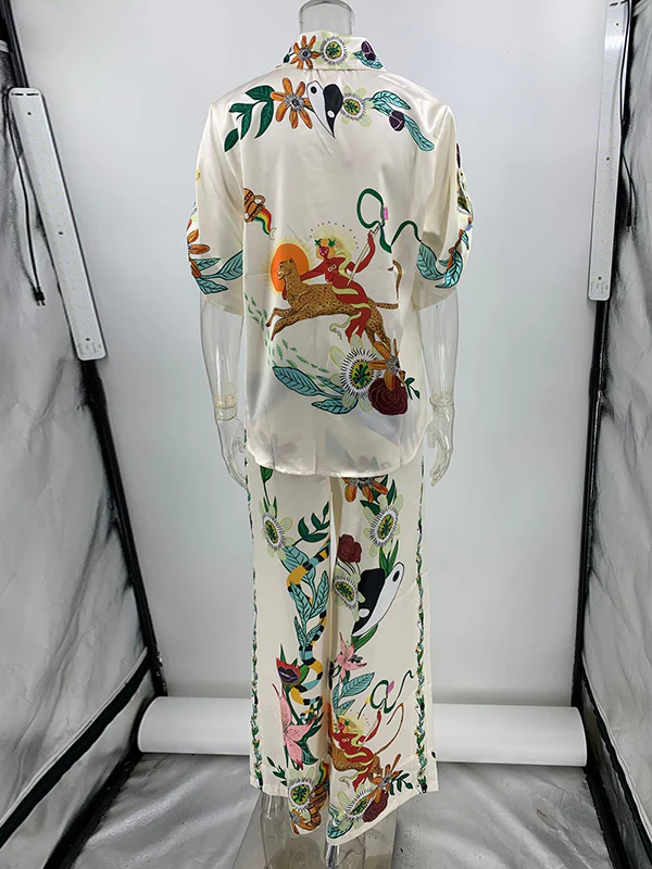 Half Sleeves Loose Buttoned Flower Print Pockets Lapel T-Shirt Top + Drawstring Elasticity Pants Bottom Two Pieces Set - Image 11