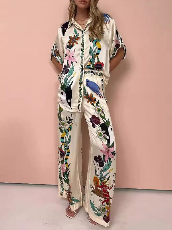 Half Sleeves Loose Buttoned Flower Print Pockets Lapel T-Shirt Top + Drawstring Elasticity Pants Bottom Two Pieces Set - Image 12