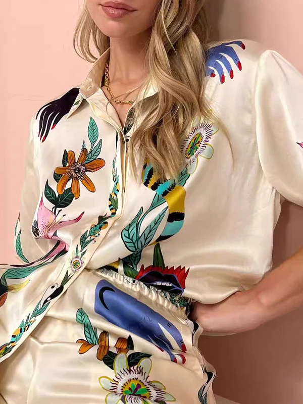Half Sleeves Loose Buttoned Flower Print Pockets Lapel T-Shirt Top + Drawstring Elasticity Pants Bottom Two Pieces Set - Image 2