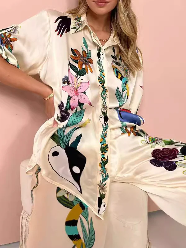 Half Sleeves Loose Buttoned Flower Print Pockets Lapel T-Shirt Top + Drawstring Elasticity Pants Bottom Two Pieces Set - Image 3
