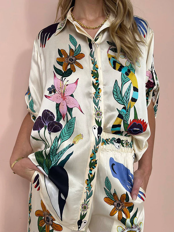 Half Sleeves Loose Buttoned Flower Print Pockets Lapel T-Shirt Top + Drawstring Elasticity Pants Bottom Two Pieces Set - Image 4
