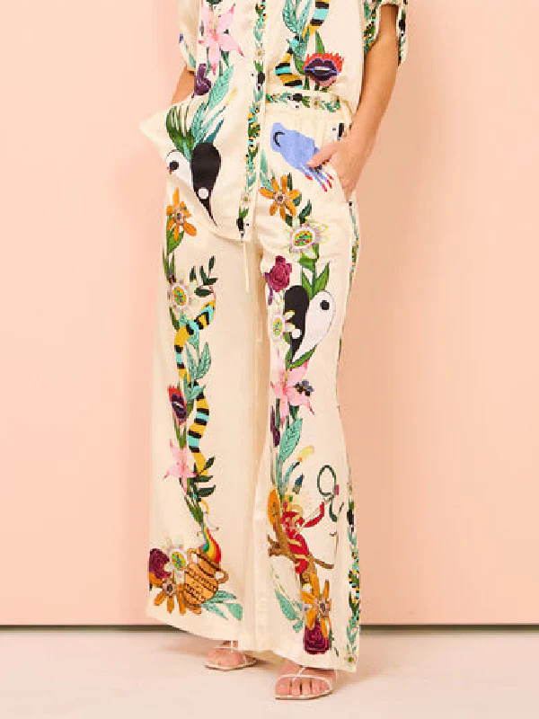 Half Sleeves Loose Buttoned Flower Print Pockets Lapel T-Shirt Top + Drawstring Elasticity Pants Bottom Two Pieces Set - Image 5