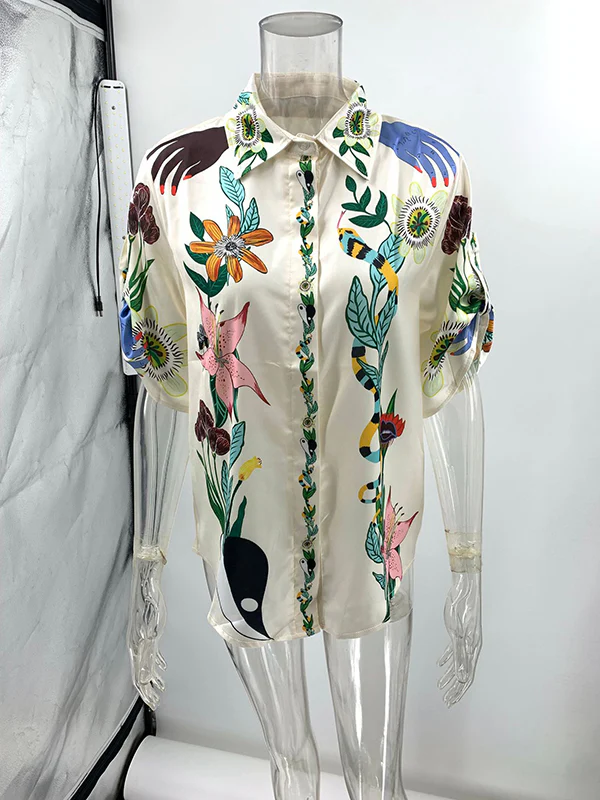 Half Sleeves Loose Buttoned Flower Print Pockets Lapel T-Shirt Top + Drawstring Elasticity Pants Bottom Two Pieces Set - Image 6