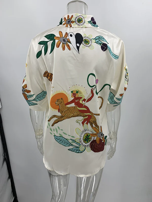 Half Sleeves Loose Buttoned Flower Print Pockets Lapel T-Shirt Top + Drawstring Elasticity Pants Bottom Two Pieces Set - Image 7