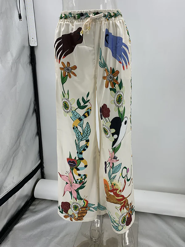 Half Sleeves Loose Buttoned Flower Print Pockets Lapel T-Shirt Top + Drawstring Elasticity Pants Bottom Two Pieces Set - Image 8