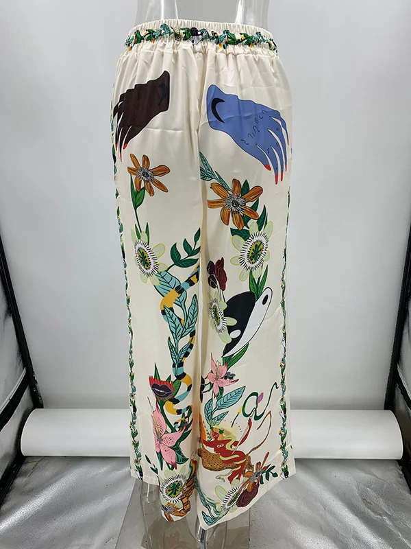 Half Sleeves Loose Buttoned Flower Print Pockets Lapel T-Shirt Top + Drawstring Elasticity Pants Bottom Two Pieces Set - Image 9