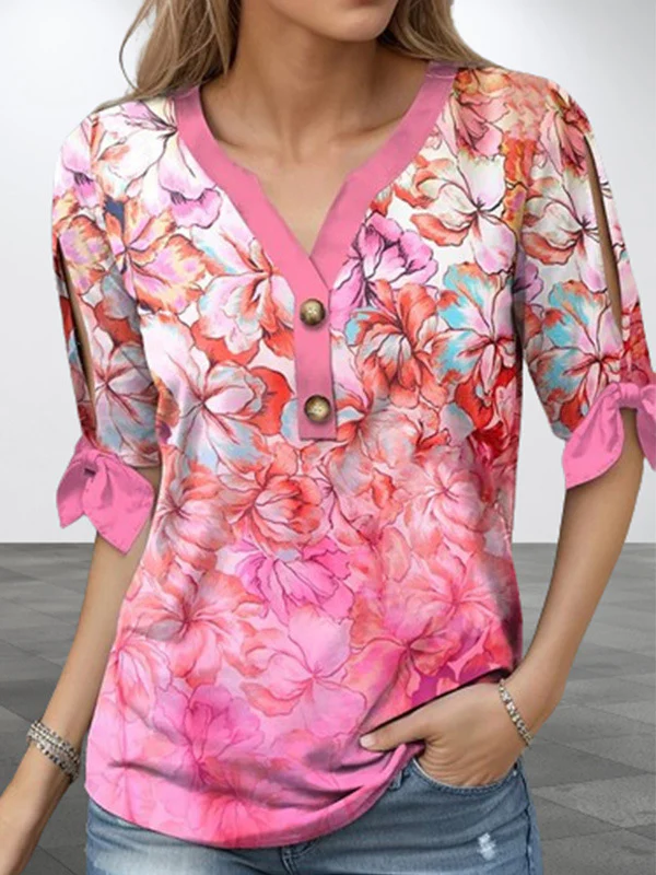 Half Sleeves Loose Buttoned Flower Print Tied V-Neck T-Shirts Tops - Image 3