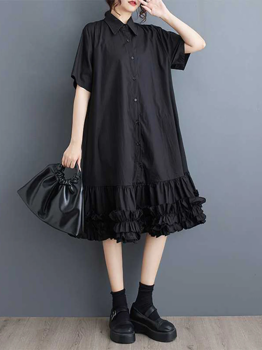 Half Sleeves Loose Buttoned Pleated Ruffled Solid Color Lapel Midi Dresses Shirt Dress - Image 2