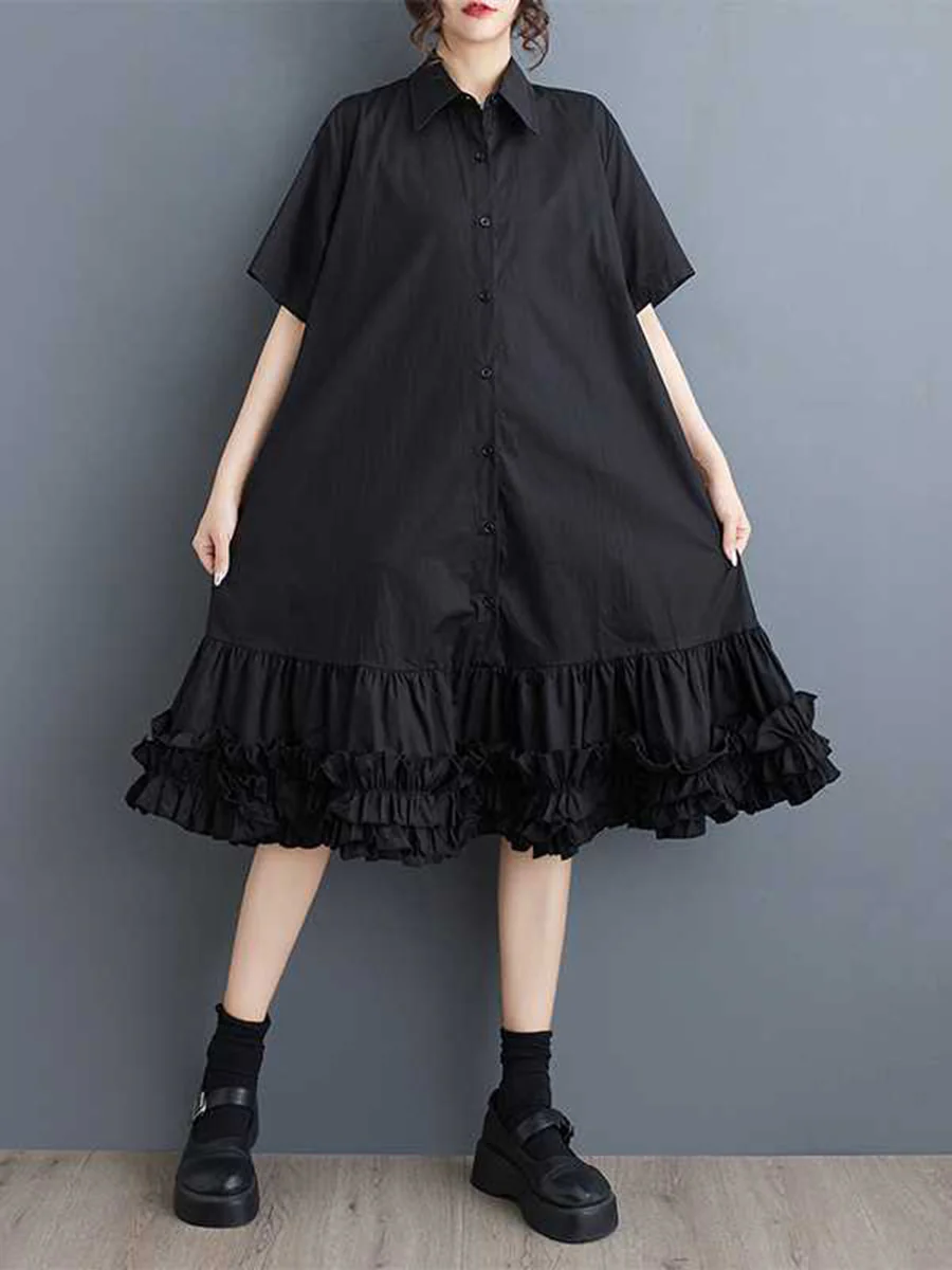 Half Sleeves Loose Buttoned Pleated Ruffled Solid Color Lapel Midi Dresses Shirt Dress - Image 3