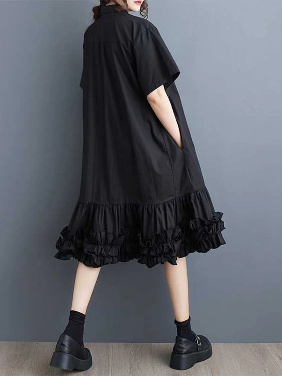Half Sleeves Loose Buttoned Pleated Ruffled Solid Color Lapel Midi Dresses Shirt Dress - Image 4