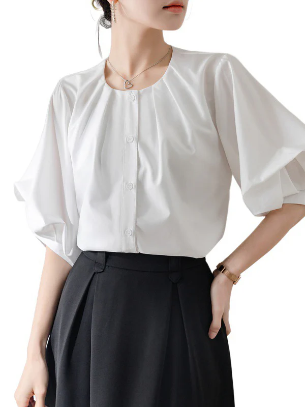 Half Sleeves Loose Buttoned Pleated Solid Color Round-Neck Blouses&Shirts Tops - Image 10