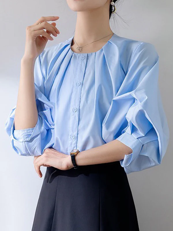 Half Sleeves Loose Buttoned Pleated Solid Color Round-Neck Blouses&Shirts Tops - Image 2