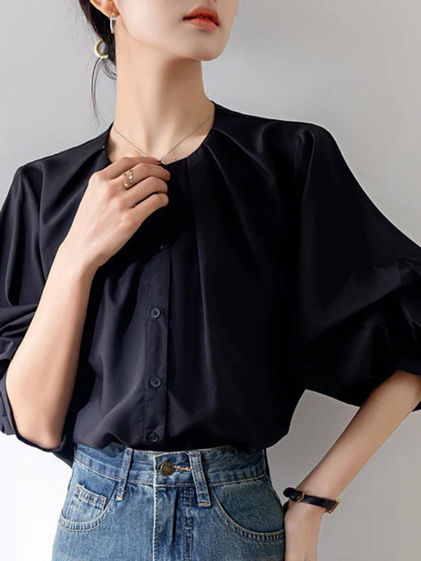 Half Sleeves Loose Buttoned Pleated Solid Color Round-Neck Blouses&Shirts Tops - Image 3