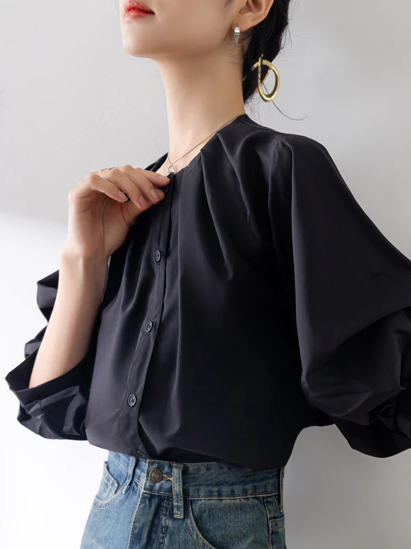 Half Sleeves Loose Buttoned Pleated Solid Color Round-Neck Blouses&Shirts Tops - Image 4