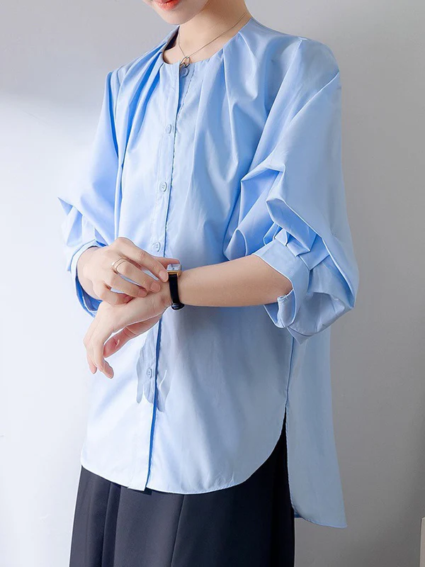 Half Sleeves Loose Buttoned Pleated Solid Color Round-Neck Blouses&Shirts Tops - Image 5