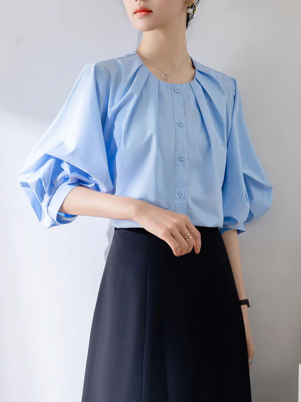 Half Sleeves Loose Buttoned Pleated Solid Color Round-Neck Blouses&Shirts Tops - Image 6