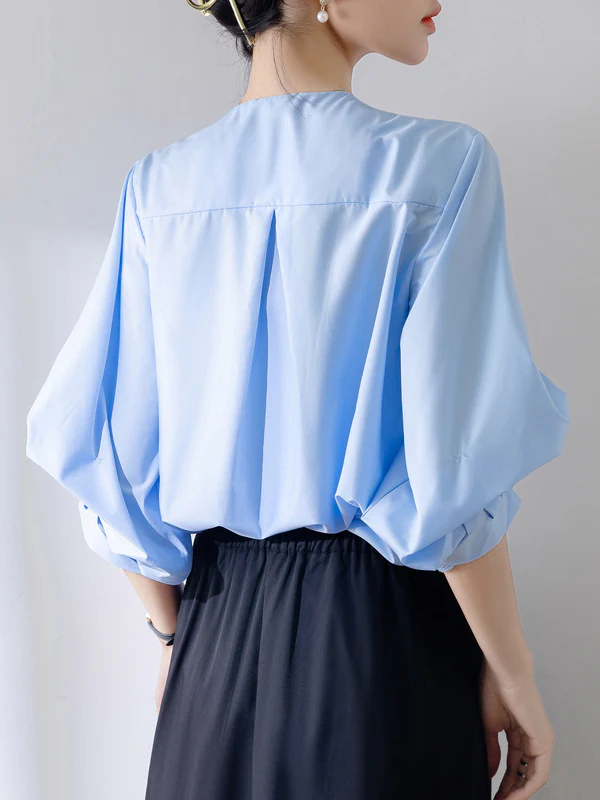 Half Sleeves Loose Buttoned Pleated Solid Color Round-Neck Blouses&Shirts Tops - Image 7
