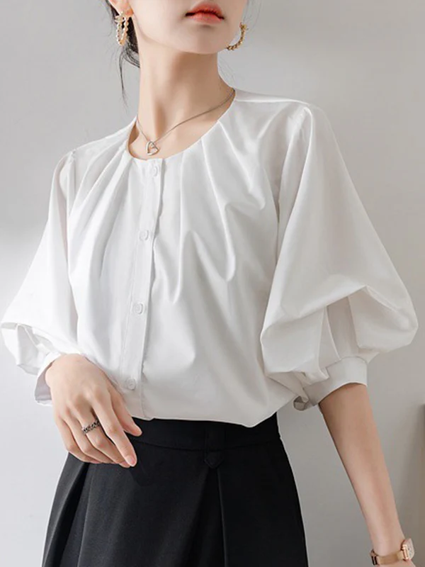 Half Sleeves Loose Buttoned Pleated Solid Color Round-Neck Blouses&Shirts Tops - Image 8