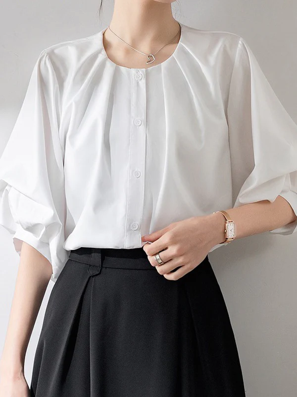 Half Sleeves Loose Buttoned Pleated Solid Color Round-Neck Blouses&Shirts Tops - Image 9