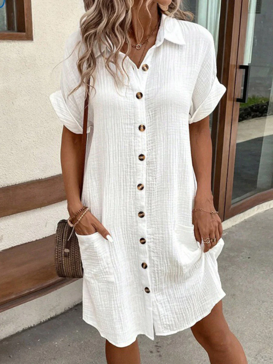 Half Sleeves Loose Buttoned Pockets Solid Color Lapel Mini Dresses - Image 10
