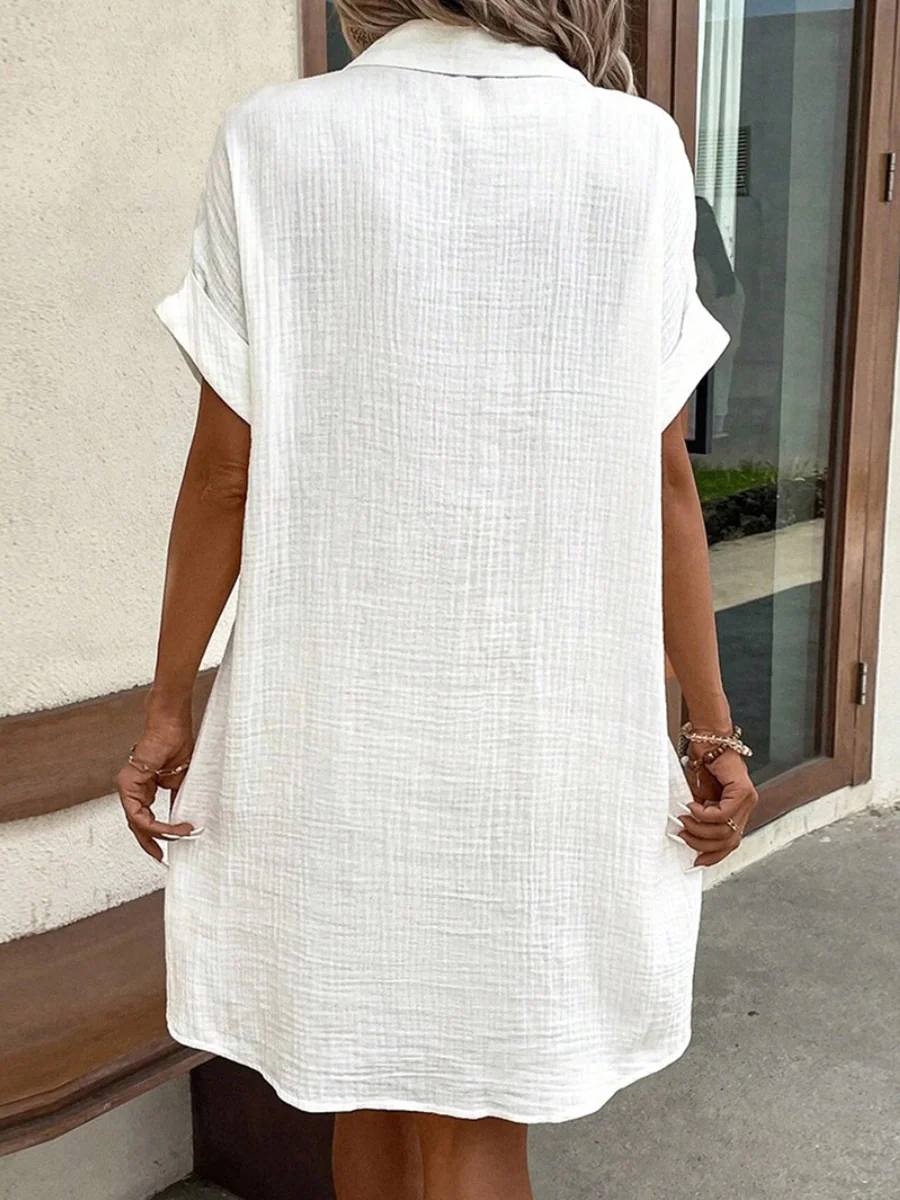 Half Sleeves Loose Buttoned Pockets Solid Color Lapel Mini Dresses - Image 11