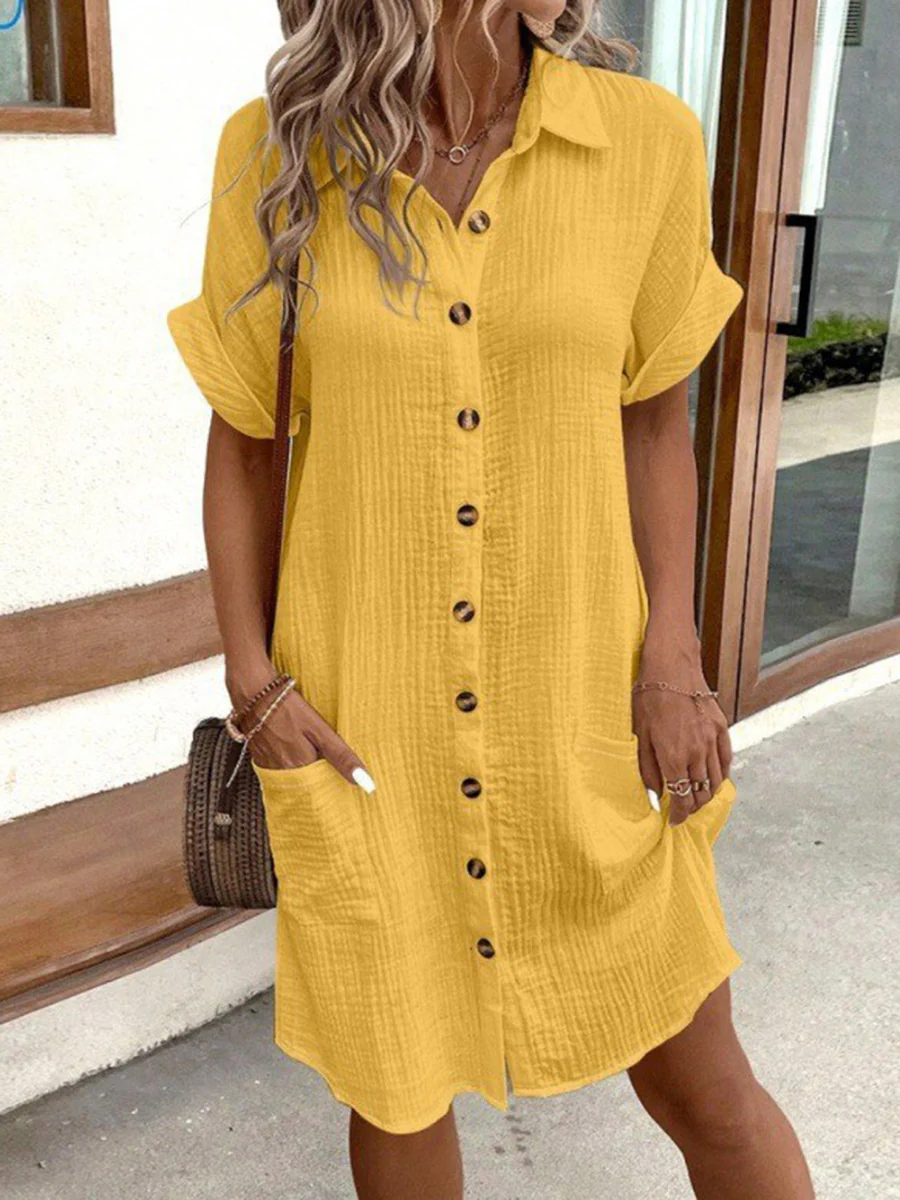 Half Sleeves Loose Buttoned Pockets Solid Color Lapel Mini Dresses - Image 2
