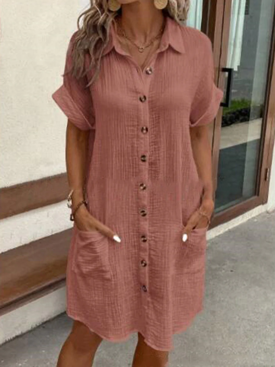 Half Sleeves Loose Buttoned Pockets Solid Color Lapel Mini Dresses - Image 7