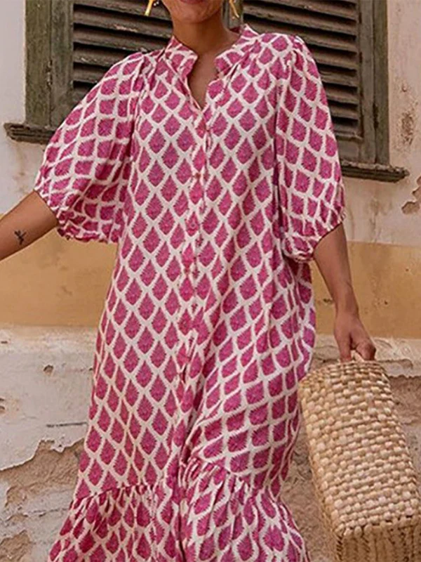 Half Sleeves Loose Buttoned Printed Stand Collar Midi Dresses - Image 3