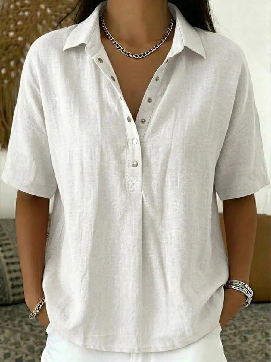 Half Sleeves Loose Buttoned Solid Color Lapel Blouses&Shirts Tops - Image 2