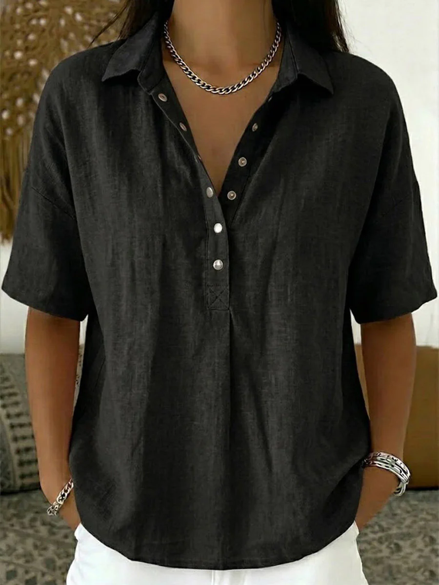 Half Sleeves Loose Buttoned Solid Color Lapel Blouses&Shirts Tops - Image 3