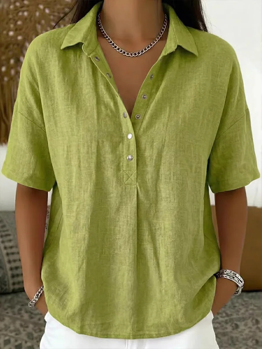 Half Sleeves Loose Buttoned Solid Color Lapel Blouses&Shirts Tops - Image 6