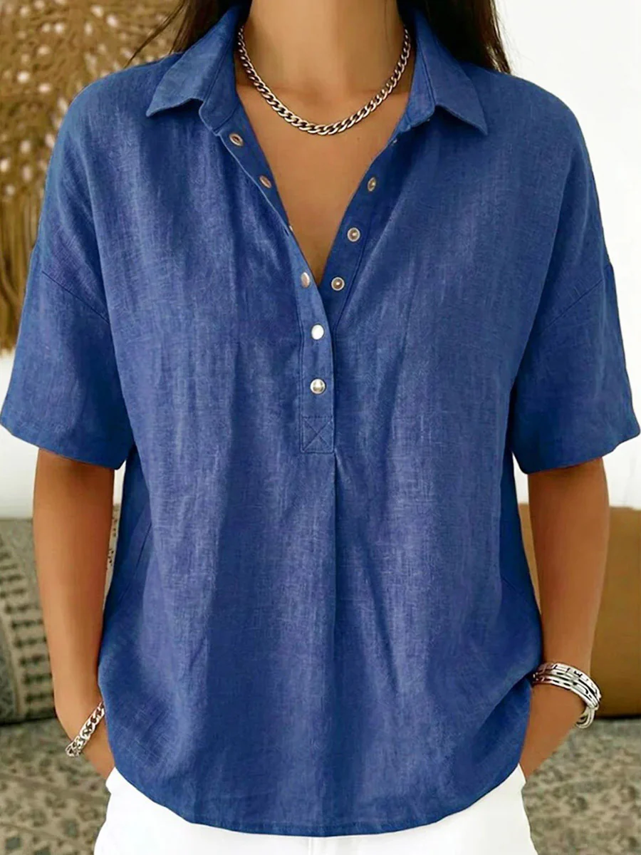 Half Sleeves Loose Buttoned Solid Color Lapel Blouses&Shirts Tops - Image 7