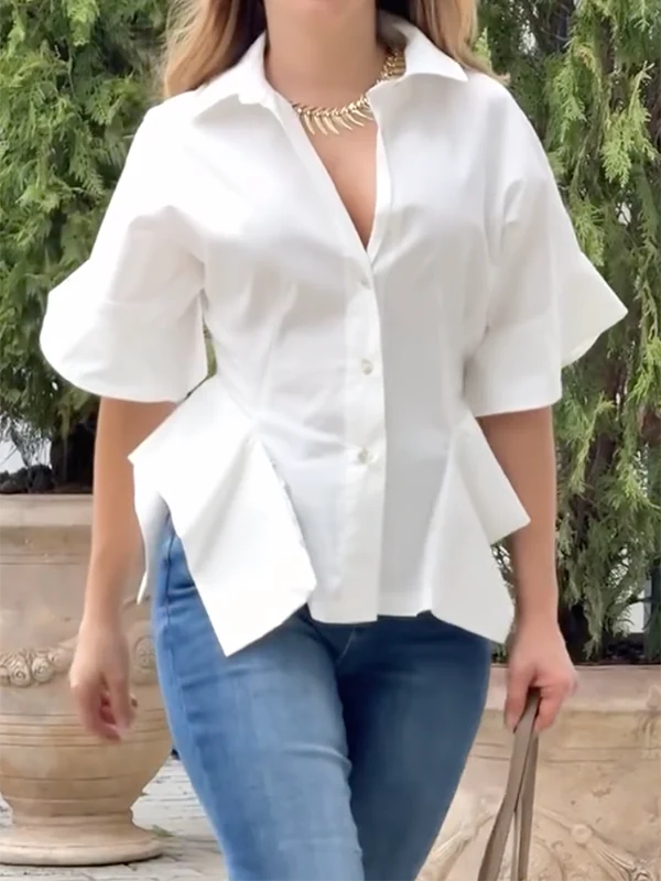 Half Sleeves Loose Buttoned Solid Color Lapel Blouses&Shirts Tops - Image 2